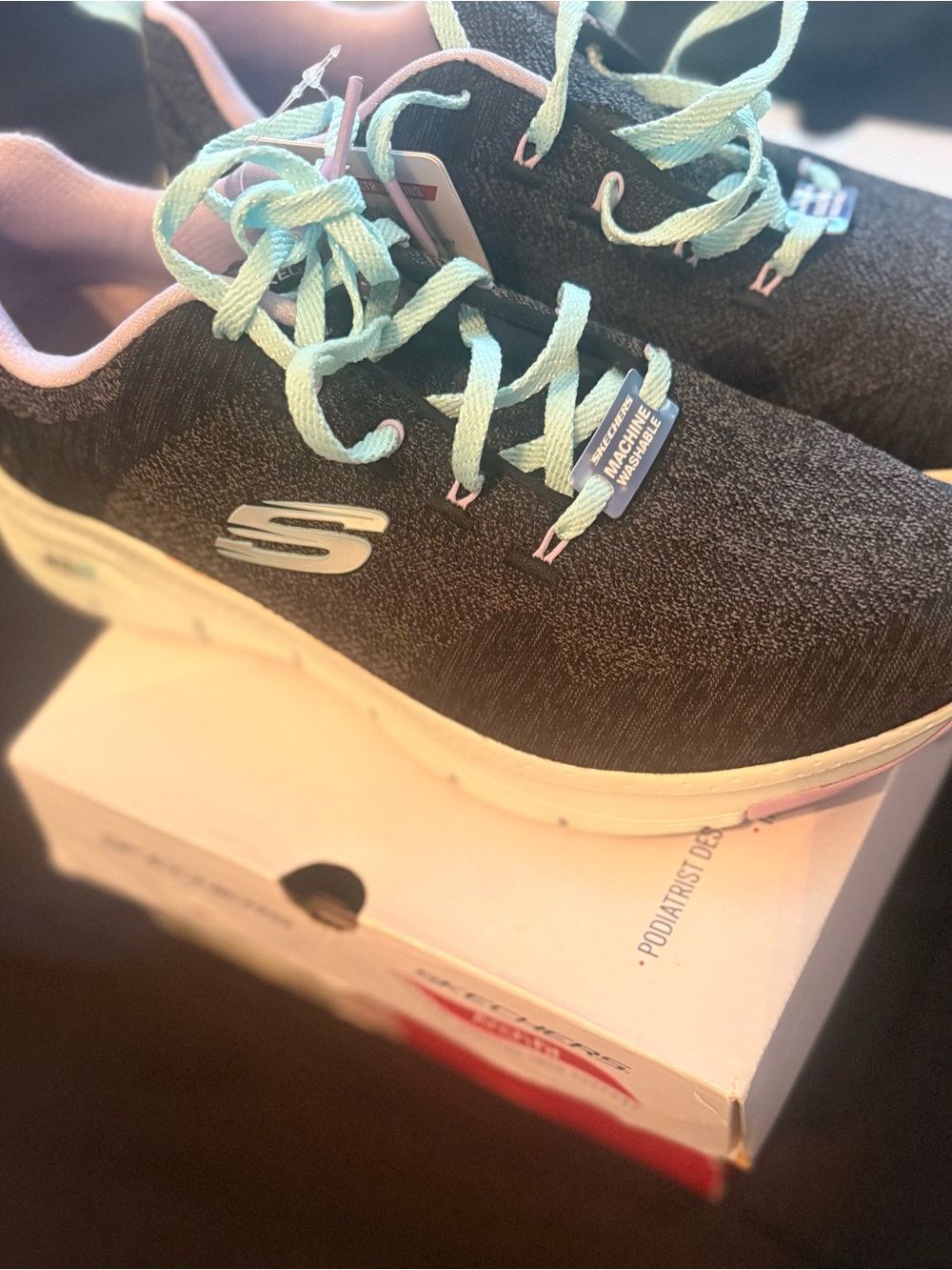 Skechers Girls Black Knit Sneakers with Mint Laces and Pink Trim